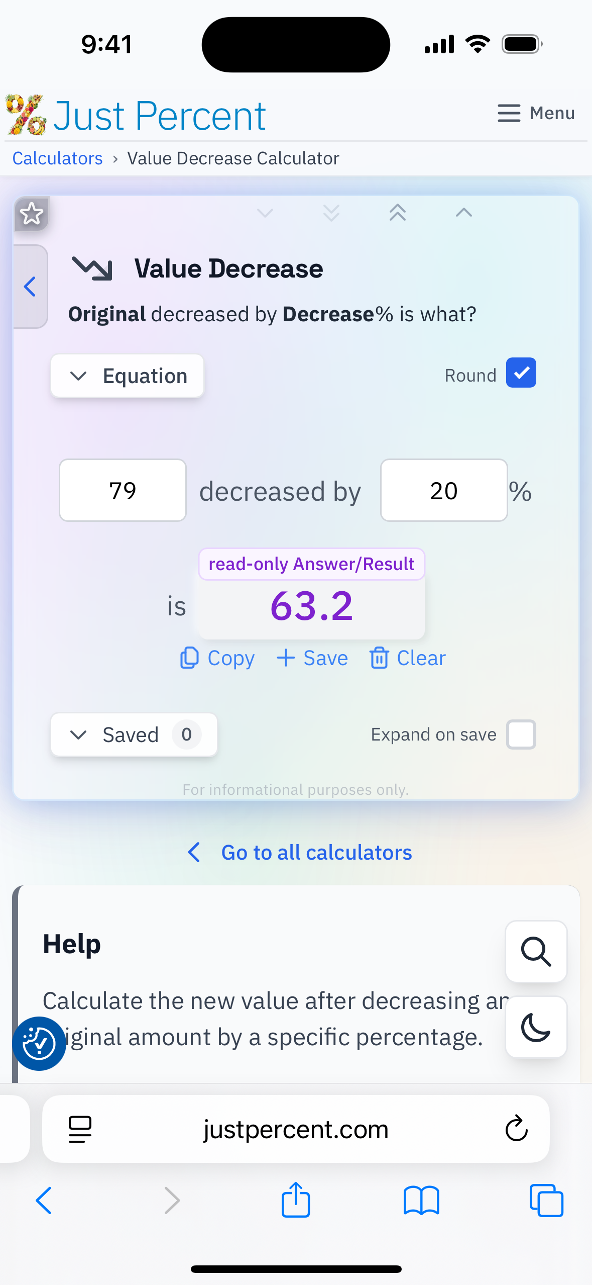 The discount calculator taking a price and a percentage off