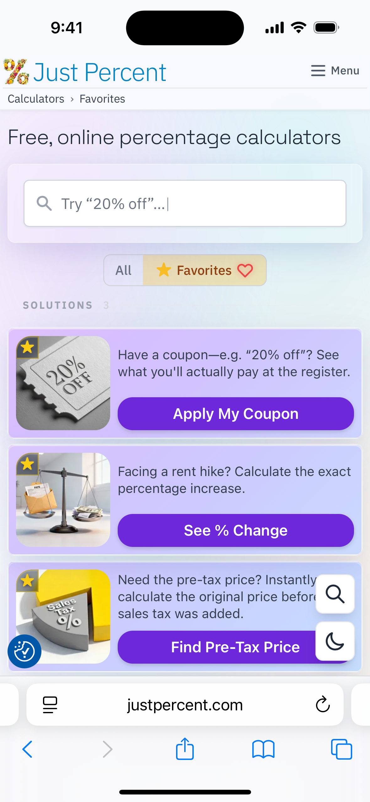 The home screen filtered down to starred calculators