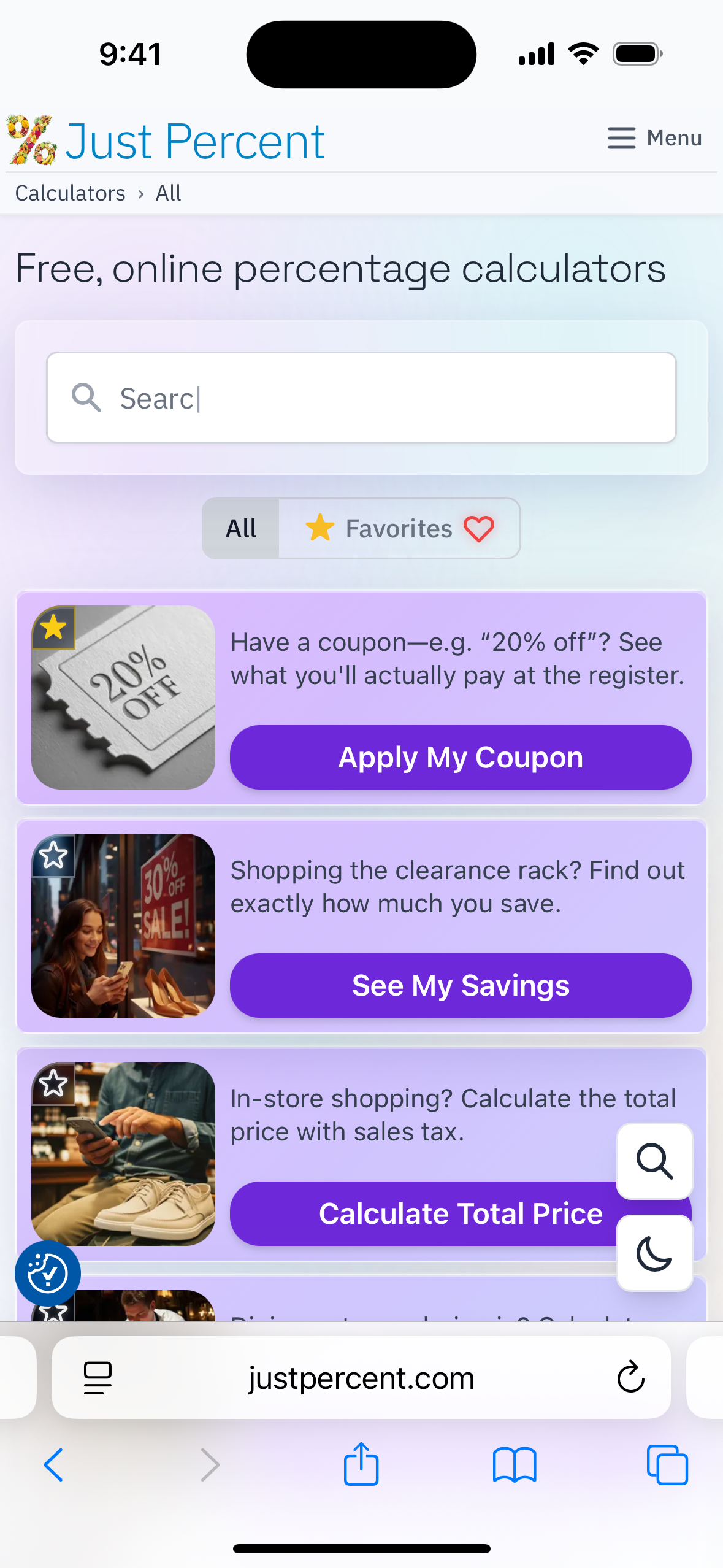 The Just Percent home screen with the search box and calculator cards