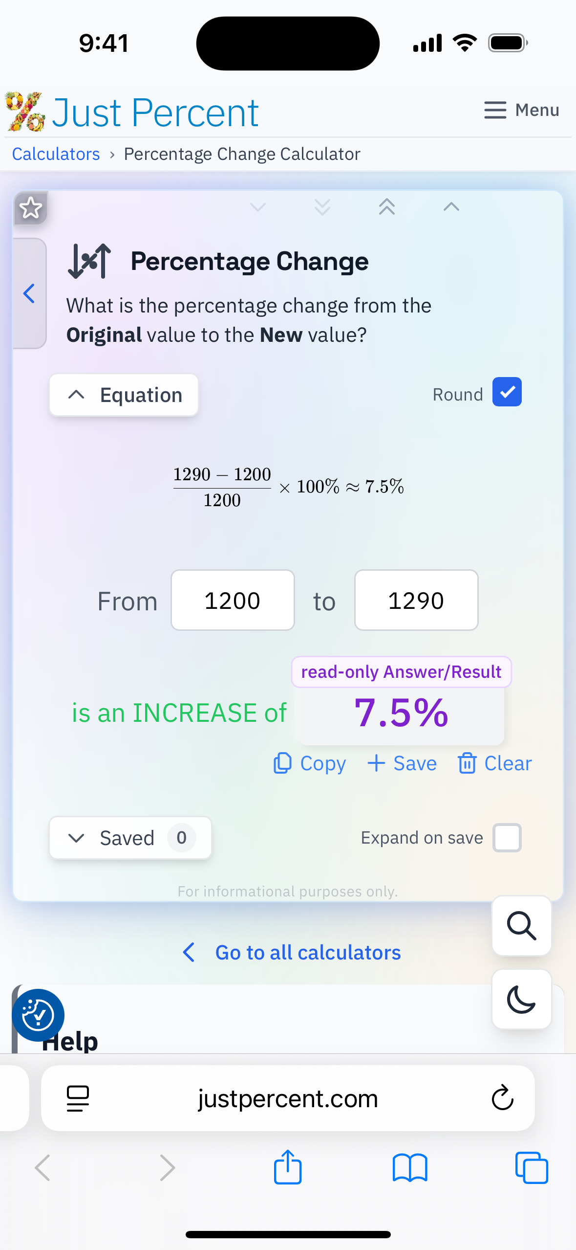 A percentage-change result with the equation written out