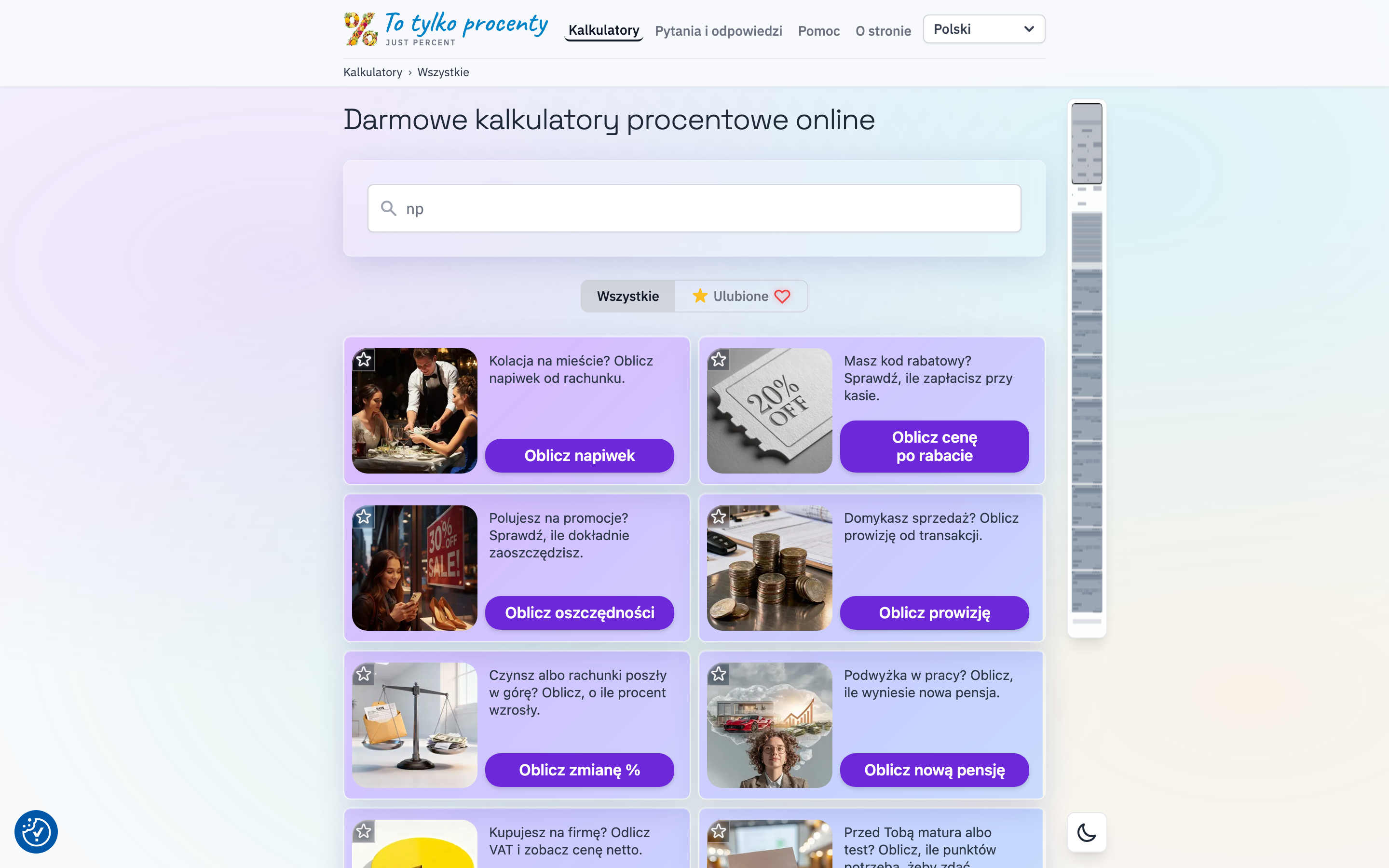Just Percent na laptopie — nagłówek i siatka kart kalkulatorów