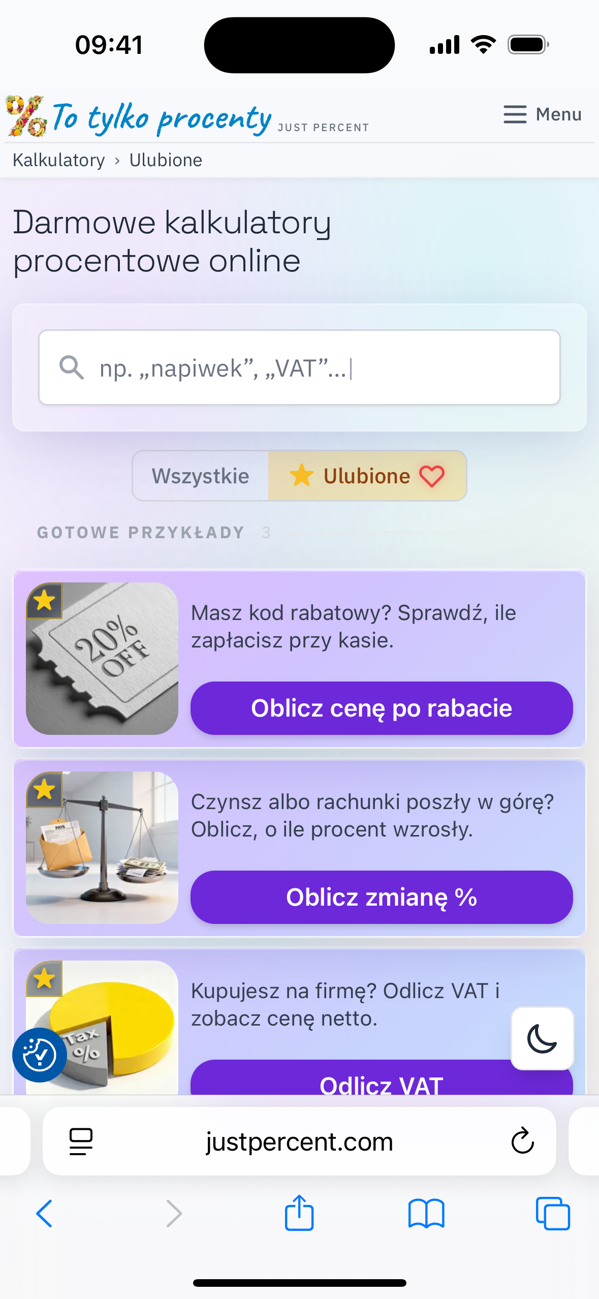 Ekran główny przefiltrowany do kalkulatorów z gwiazdką
