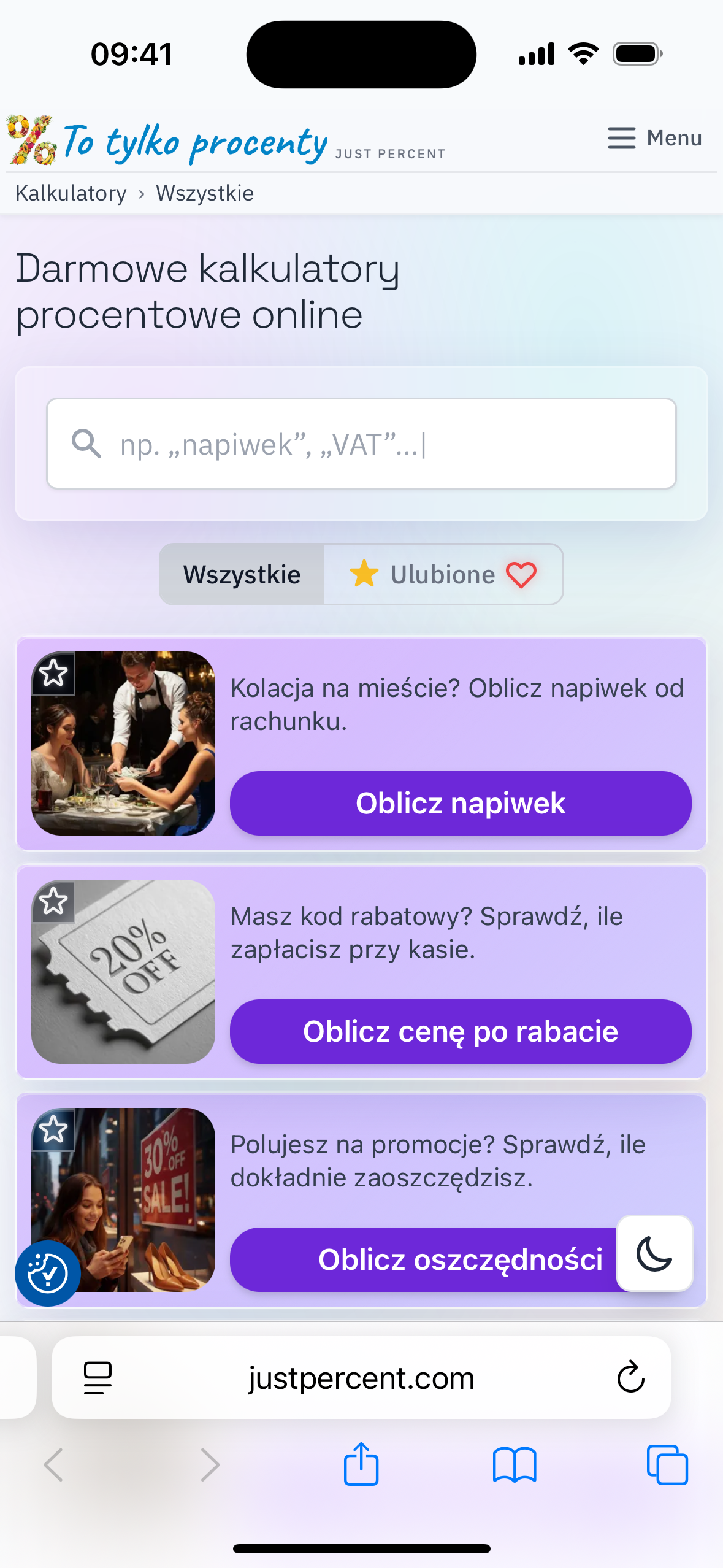 Ekran główny Just Percent z polem wyszukiwania i kartami kalkulatorów
