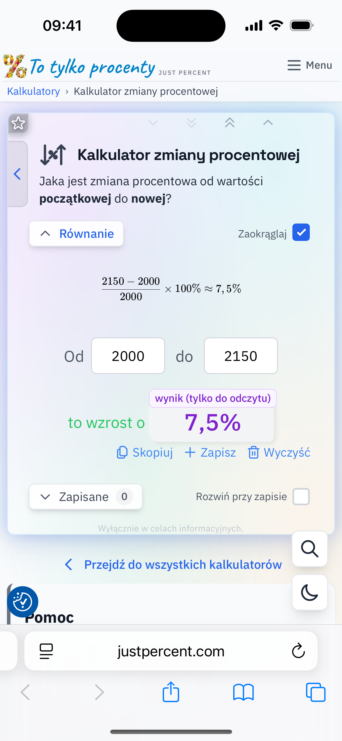 Wynik zmiany procentowej z rozpisanym równaniem